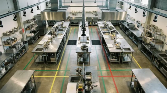 Vue aérienne d'une cuisine professionnelle avec marquage au sol coloré et zones de travail délimitées