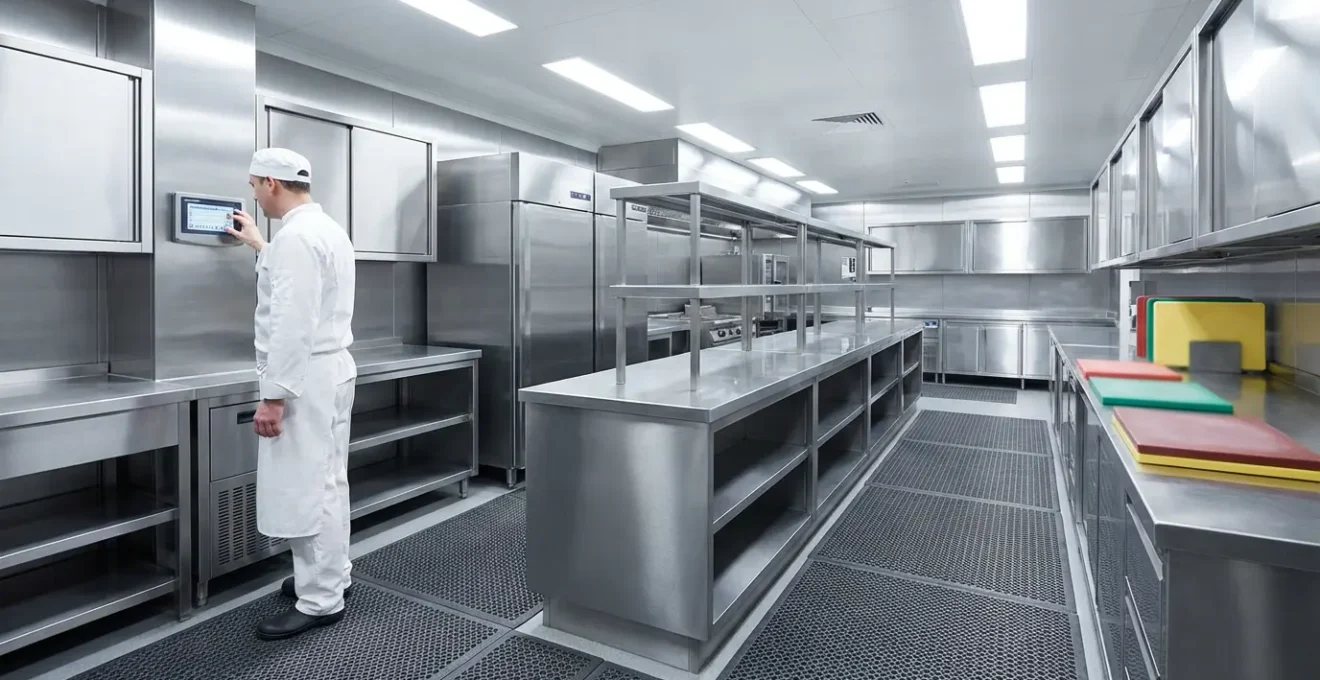Cuisine professionnelle moderne avec chef appliquant les protocoles de sécurité alimentaire