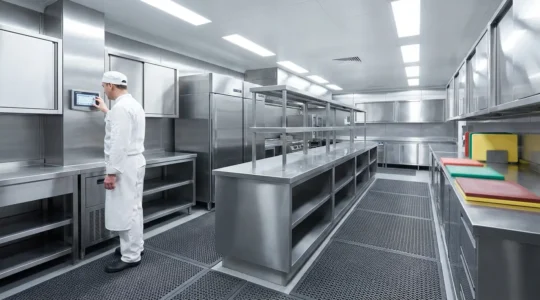 Cuisine professionnelle moderne avec chef appliquant les protocoles de sécurité alimentaire