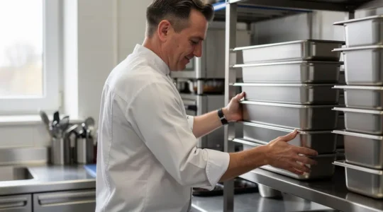 Cuisinier professionnel rangeant des contenants alimentaires réutilisables inox sur étagère métallique en cuisine