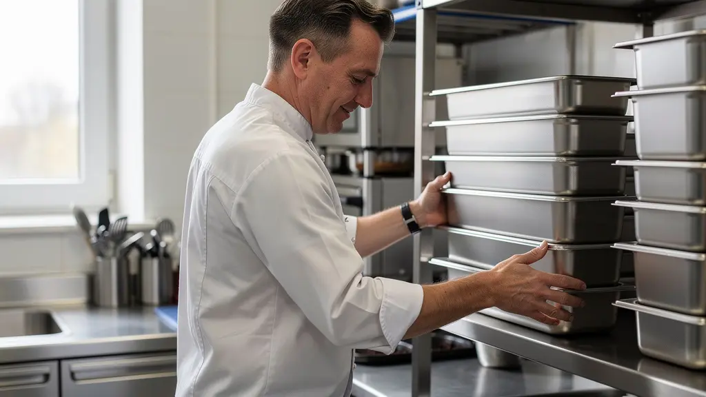 Cuisinier professionnel rangeant des contenants alimentaires réutilisables inox sur étagère métallique en cuisine