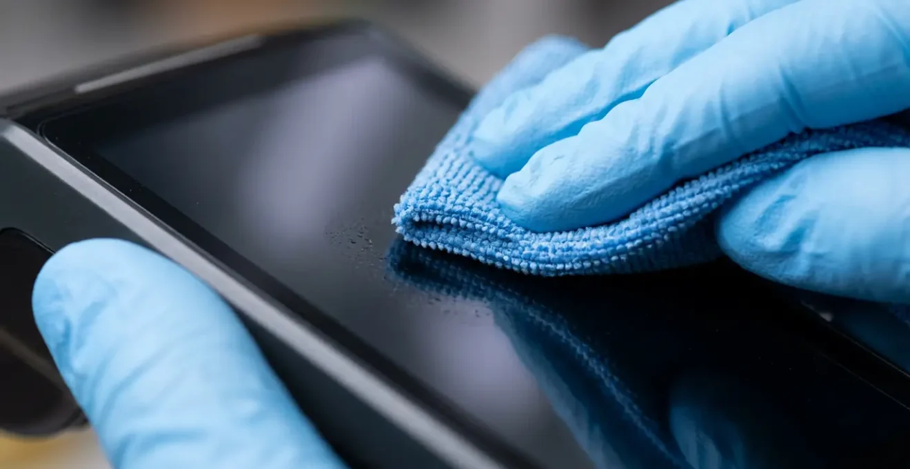 Gros plan sur la désinfection professionnelle d'un terminal de paiement en restauration