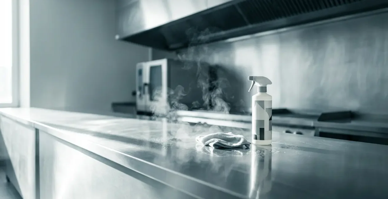 Plan de travail en inox avec vapeur visible de désinfectant et éclairage latéral en cuisine professionnelle