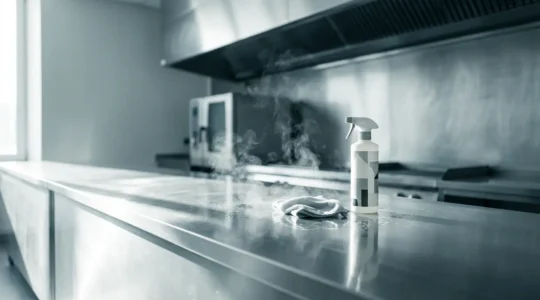 Plan de travail en inox avec vapeur visible de désinfectant et éclairage latéral en cuisine professionnelle