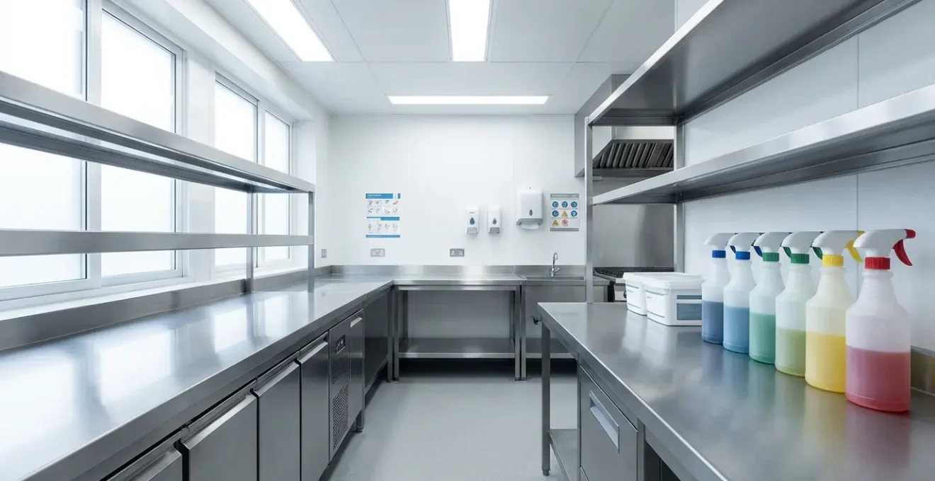 Cuisine professionnelle avec équipements en inox et organisation sécurisée des produits de nettoyage