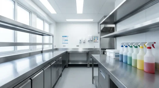 Cuisine professionnelle avec équipements en inox et organisation sécurisée des produits de nettoyage