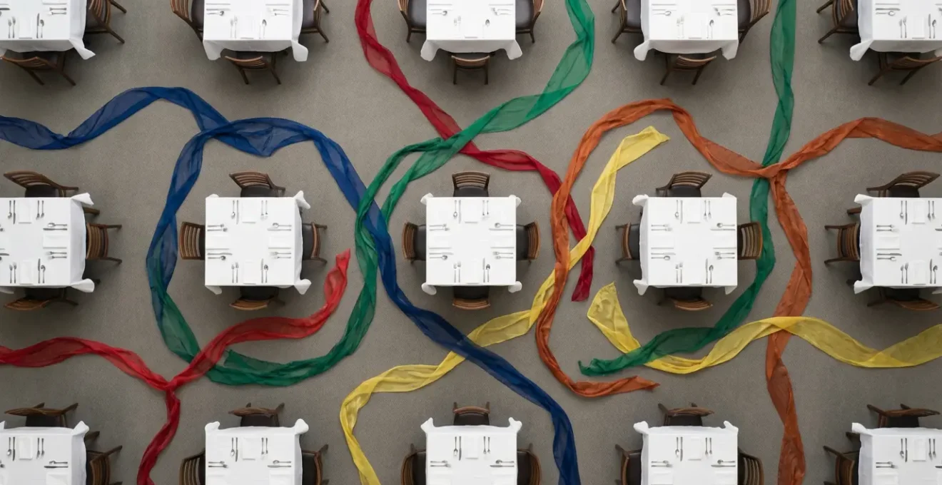 Vue aérienne d'un restaurant montrant les trajectoires colorées des serveurs entre les tables