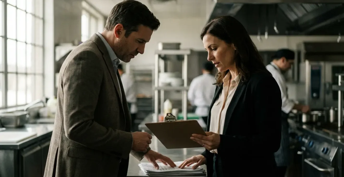 Échange professionnel constructif entre un inspecteur sanitaire et un chef de cuisine dans un environnement de travail
