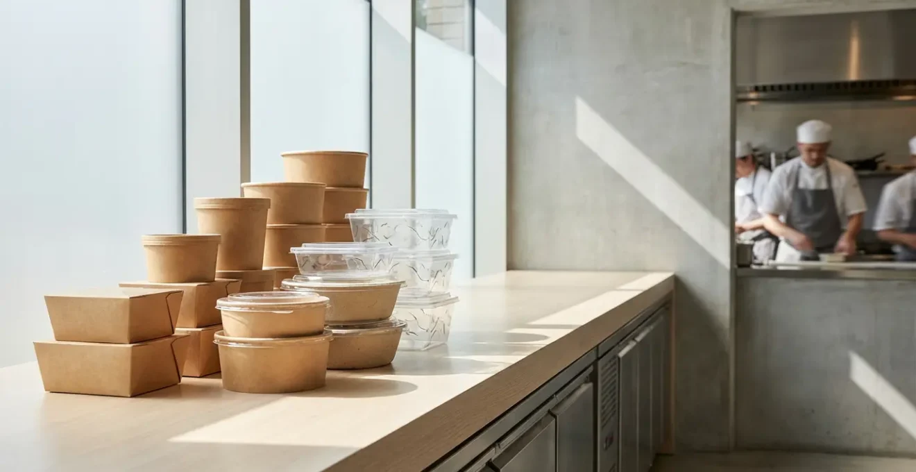 Emballages alimentaires performants avec matériaux écologiques et design premium dans un environnement de cuisine professionnelle