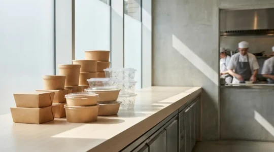 Emballages alimentaires performants avec matériaux écologiques et design premium dans un environnement de cuisine professionnelle