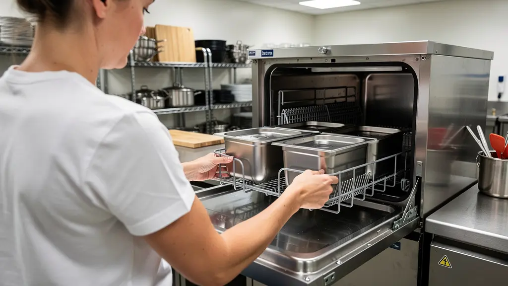 Employée de cuisine chargeant des contenants réutilisables dans un lave-vaisselle industriel ouvert