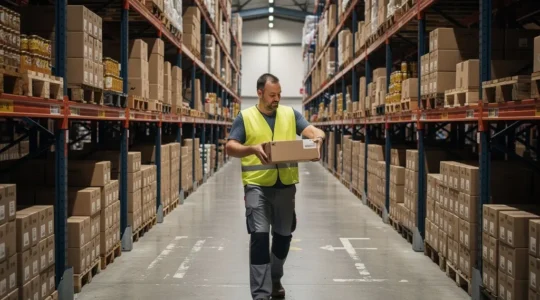 Rayonnages d'entrepôt professionnel stockant des boîtes alimentaires kraft pour restauration