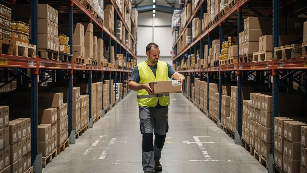 Rayonnages d'entrepôt professionnel stockant des boîtes alimentaires kraft pour restauration