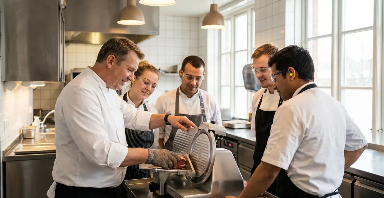 Chef de brigade montrant le bon usage d'équipements de protection en cuisine dans une ambiance professionnelle et collaborative