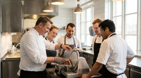 Chef de brigade montrant le bon usage d'équipements de protection en cuisine dans une ambiance professionnelle et collaborative