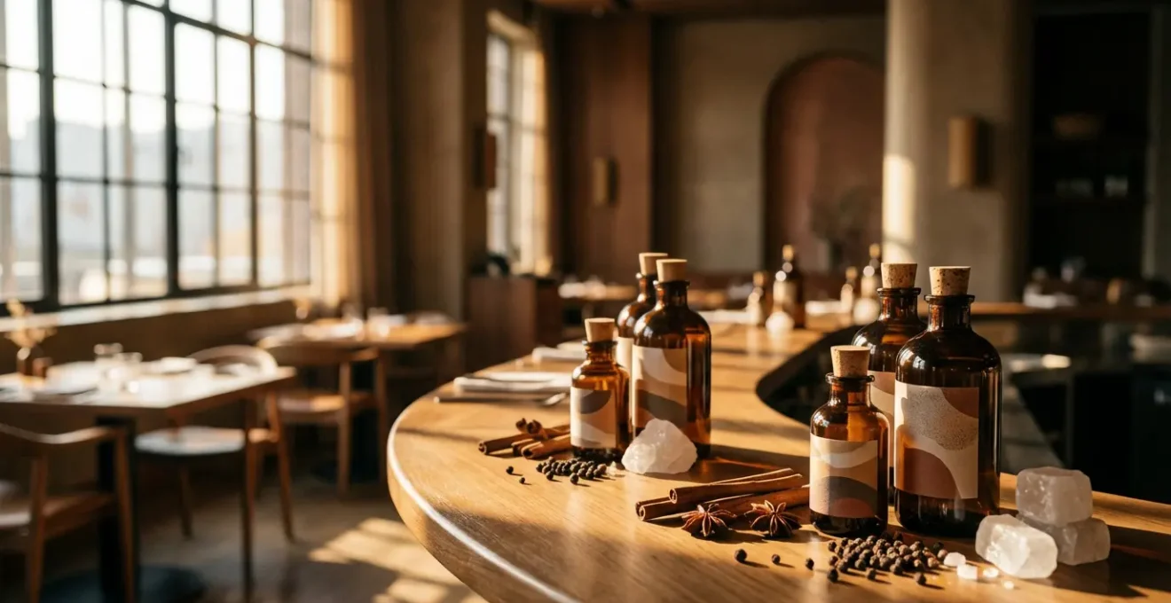 Vue élégante d'un comptoir d'épicerie fine avec huiles dorées et épices colorées dans une ambiance chaleureuse de restaurant