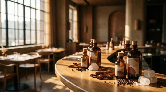 Vue élégante d'un comptoir d'épicerie fine avec huiles dorées et épices colorées dans une ambiance chaleureuse de restaurant