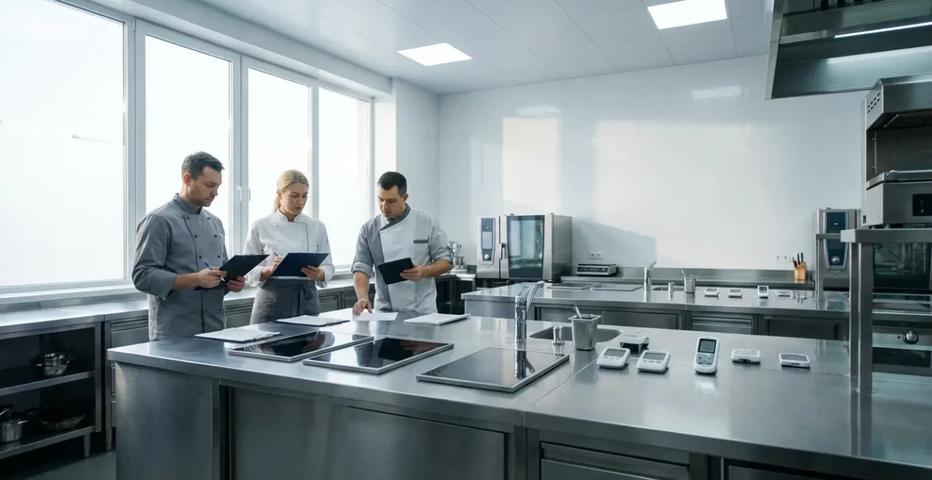 Équipe en cuisine professionnelle analysant des points de contrôle avec thermomètre et documents HACCP