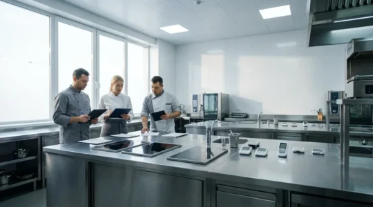 Équipe en cuisine professionnelle analysant des points de contrôle avec thermomètre et documents HACCP