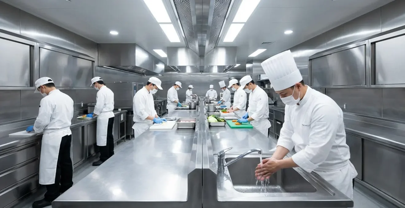 Brigade de cuisine en tenue professionnelle mettant en pratique les protocoles d'hygiène et de sécurité sanitaire