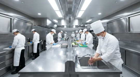 Brigade de cuisine en tenue professionnelle mettant en pratique les protocoles d'hygiène et de sécurité sanitaire