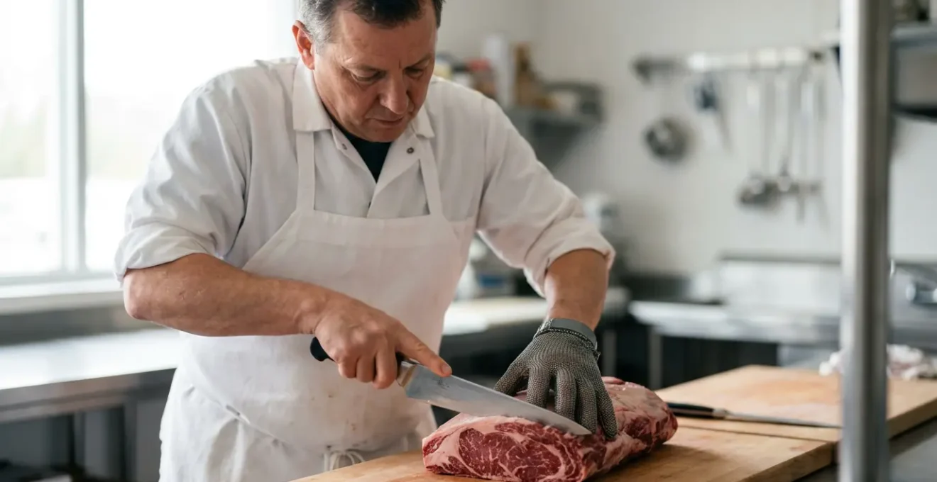 Artisan boucher effectuant une découpe experte sur une pièce de bœuf dans un atelier professionnel