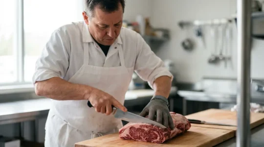 Artisan boucher effectuant une découpe experte sur une pièce de bœuf dans un atelier professionnel