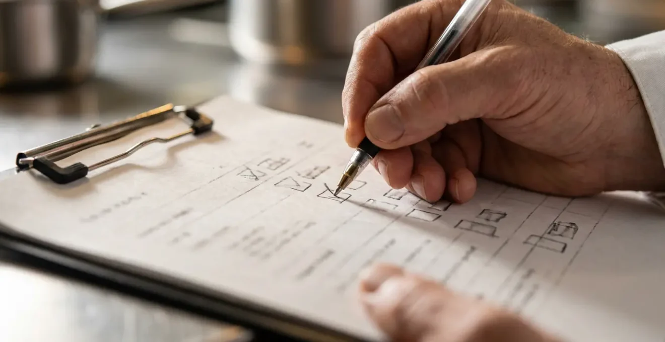 Gros plan sur une main annotant une checklist de tâches détaillée sur une planchette dans un environnement de cuisine professionnelle