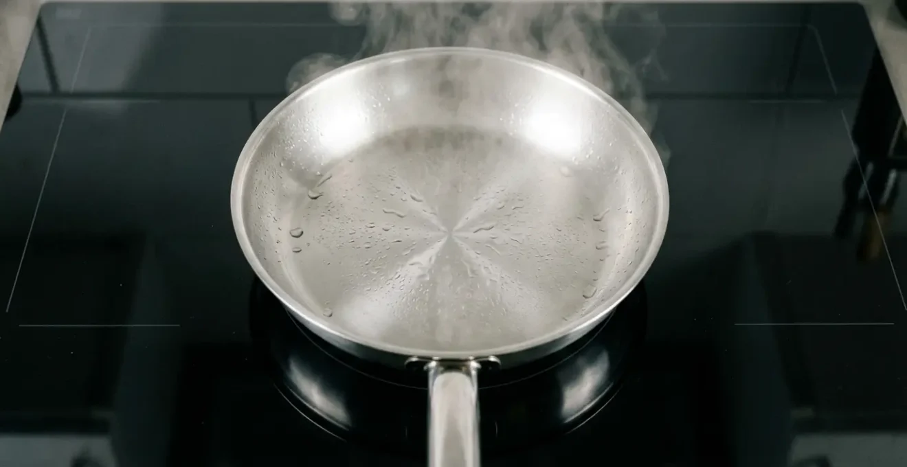Vue aérienne d'une poêle en inox sur plaque à induction montrant la diffusion de chaleur