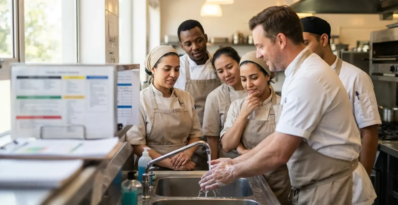 Formation pratique en hygiène alimentaire avec formateur démontrant les bonnes pratiques à une équipe de cuisine