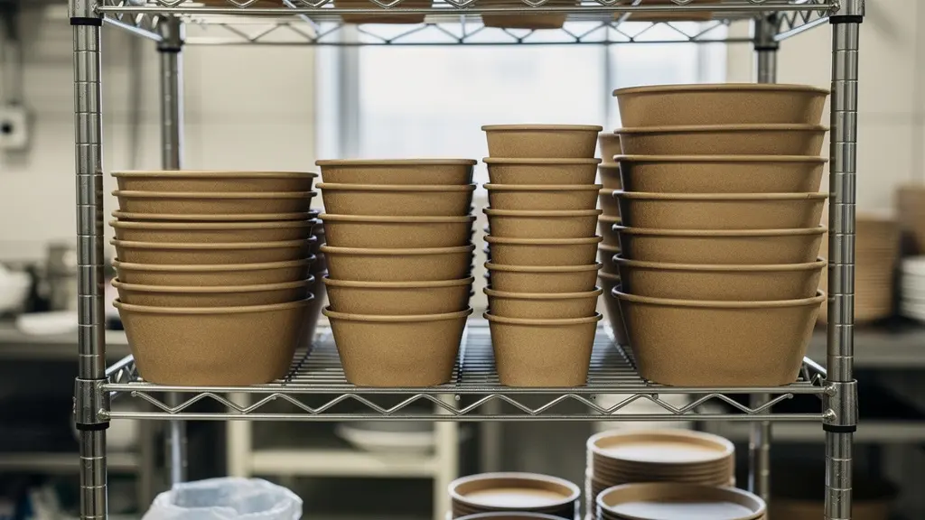 Gamme de bols carton différents formats alignés sur étagère de stockage restaurant