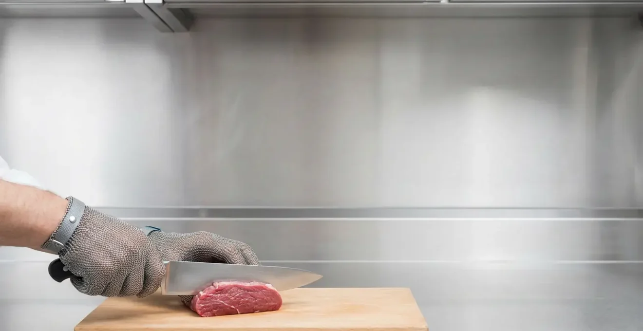 Main portant un gant en cotte de mailles manipulant un couteau de boucher