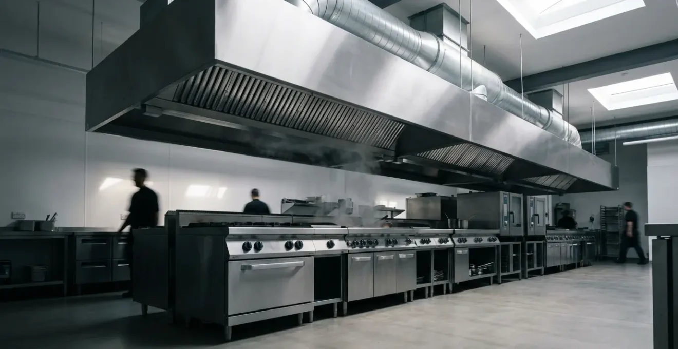 Cuisine professionnelle moderne avec système d'extraction complet, filtres à chicane visibles et panache thermique capté efficacement