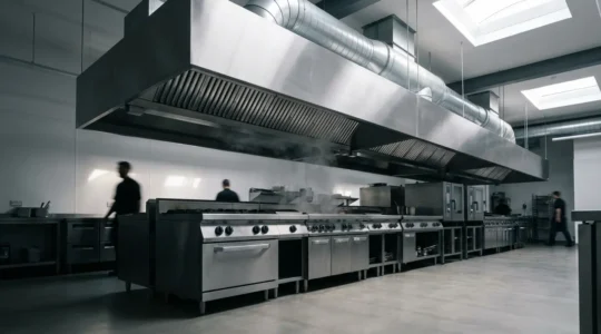 Cuisine professionnelle moderne avec système d'extraction complet, filtres à chicane visibles et panache thermique capté efficacement