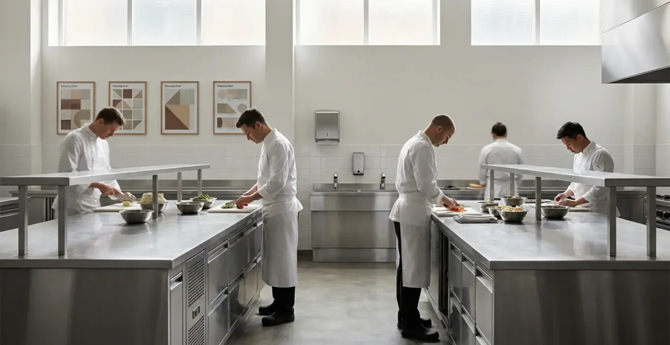 Cuisine professionnelle avec équipe respectant les protocoles d'hygiène