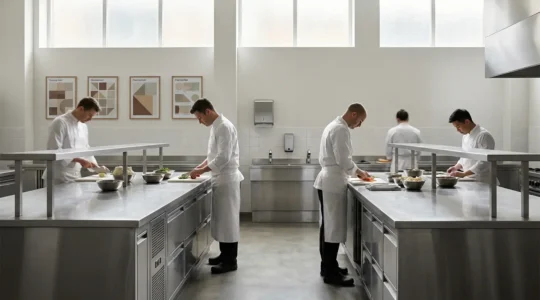 Cuisine professionnelle avec équipe respectant les protocoles d'hygiène