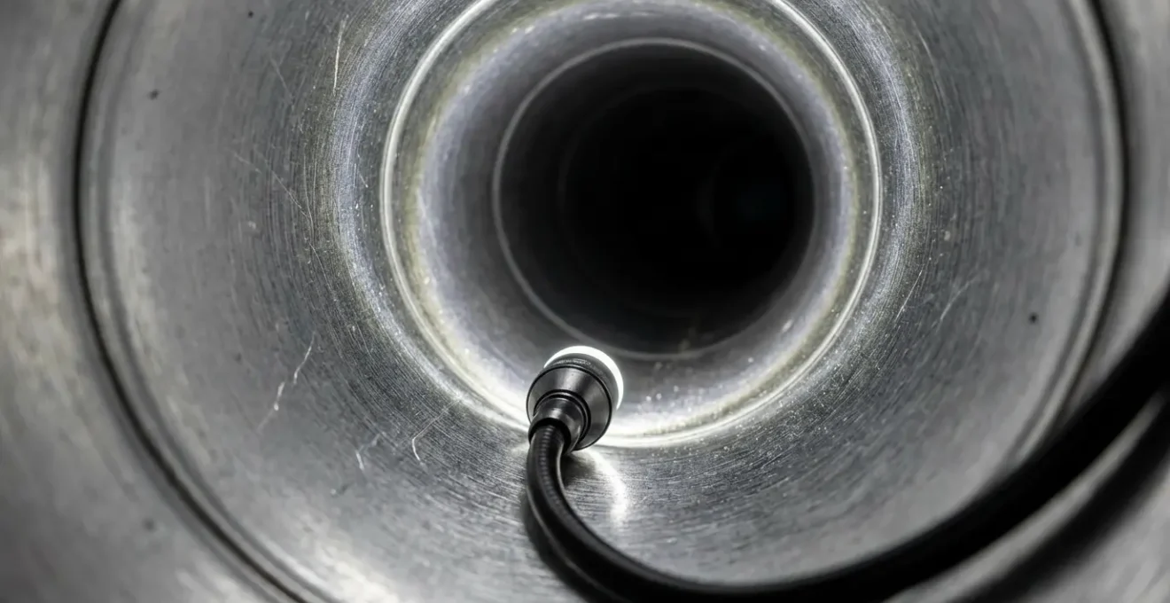 Gros plan macro sur l'intérieur d'un conduit d'extraction avec caméra endoscopique visible, montrant les parois métalliques brillantes