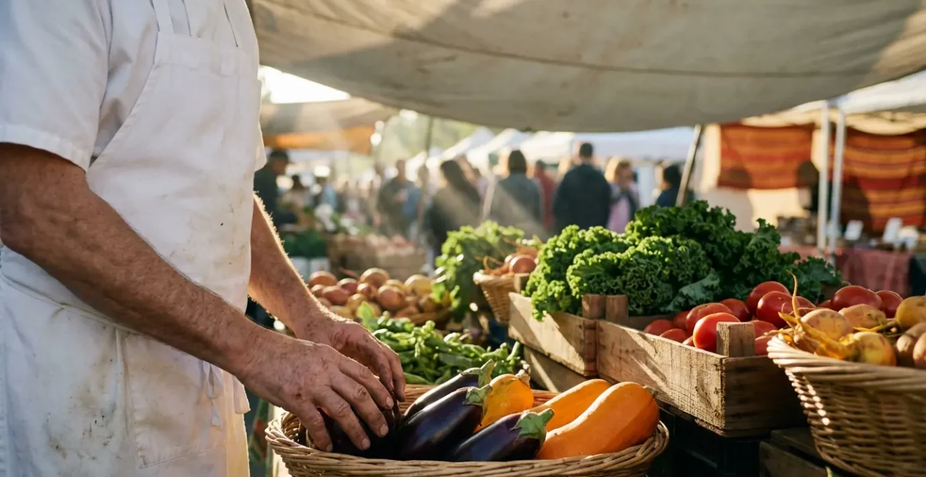 Chef cuisinier sélectionnant des légumes de saison colorés sur un marché local avec paniers de produits frais