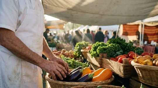 Chef cuisinier sélectionnant des légumes de saison colorés sur un marché local avec paniers de produits frais