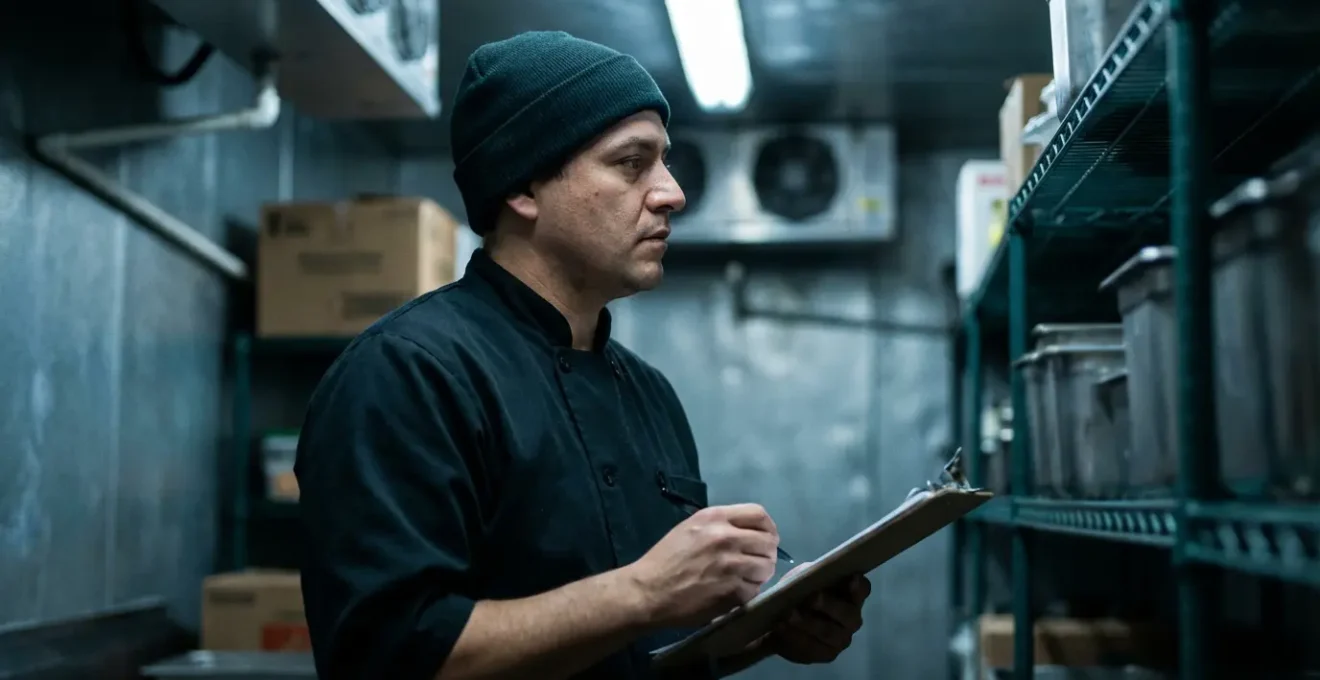 Chef effectuant un inventaire rapide dans une chambre froide de restaurant