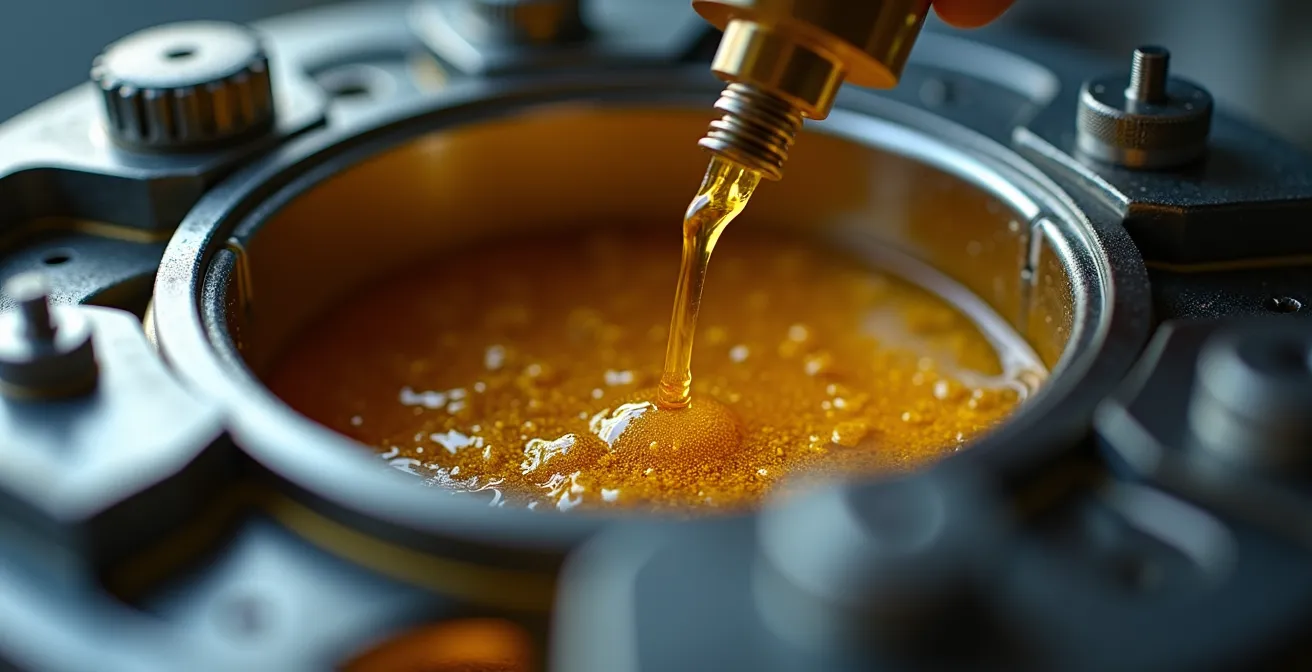 Gros plan macro sur une pompe à vide ouverte montrant l'huile dorée et les composants internes