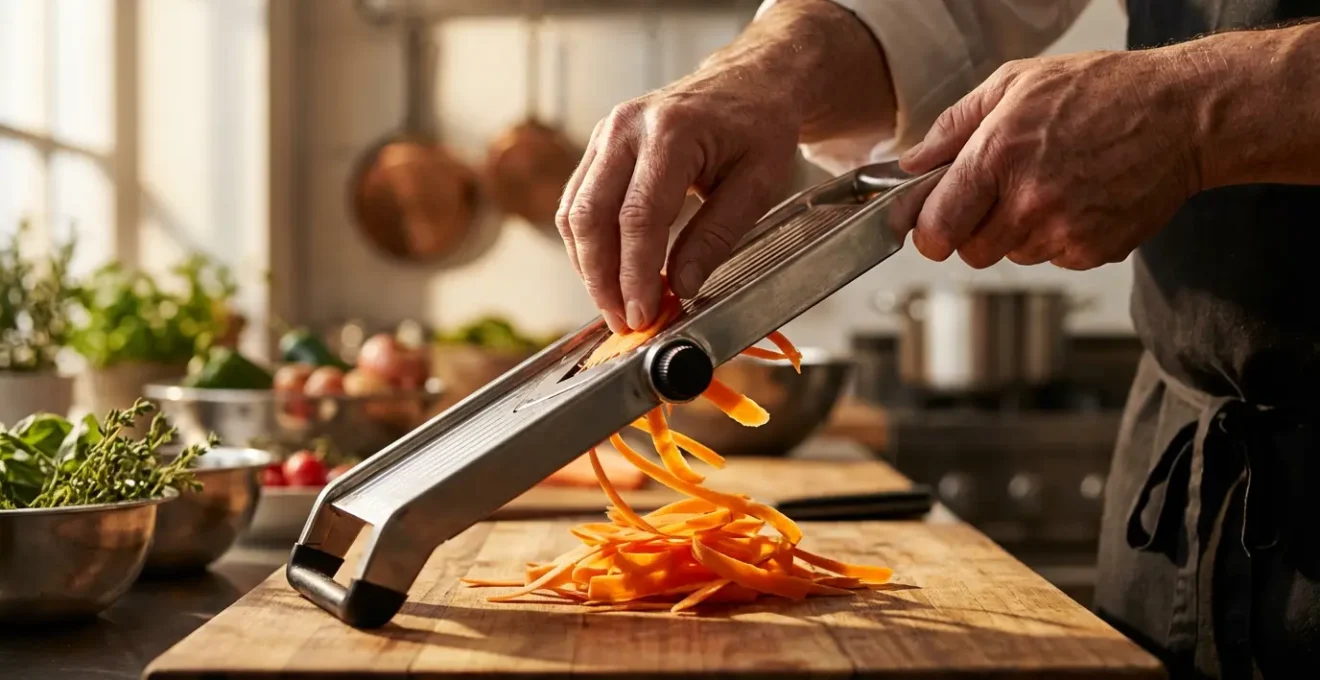 Mandoline professionnelle de cuisine avec lame en V sur planche de bois avec légumes parfaitement coupés en julienne