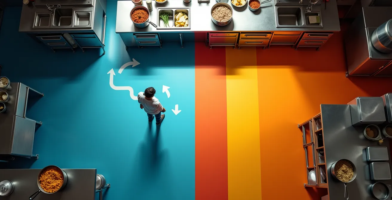 Schéma en vue du dessus d'une cuisine de 15m² montrant les flux de circulation avec zones colorées