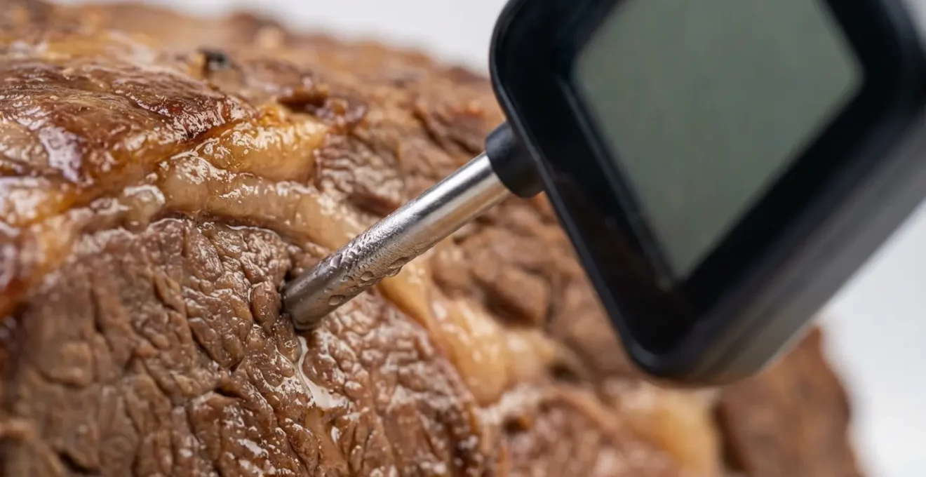 Mesure précise de la température à cœur d'une pièce de viande avec thermomètre professionnel à sonde