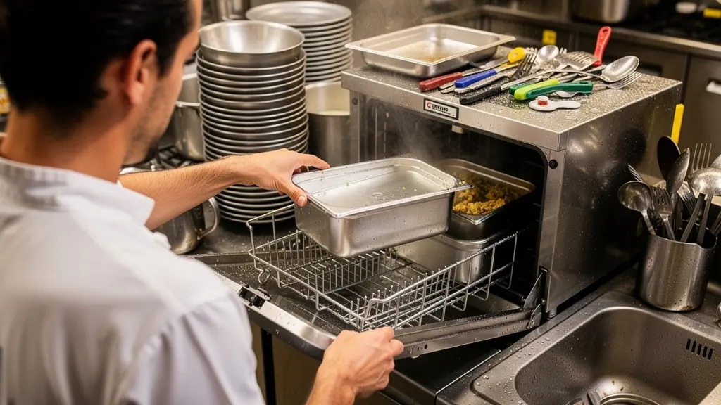 Chargement de contenants réutilisables inox dans lave-vaisselle professionnel pour nettoyage HACCP