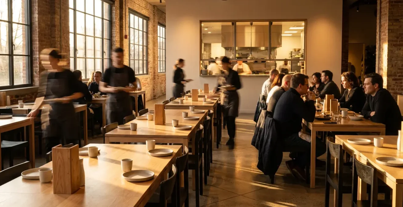 Restaurant moderne avec serveurs efficaces et organisation fluide du service en salle