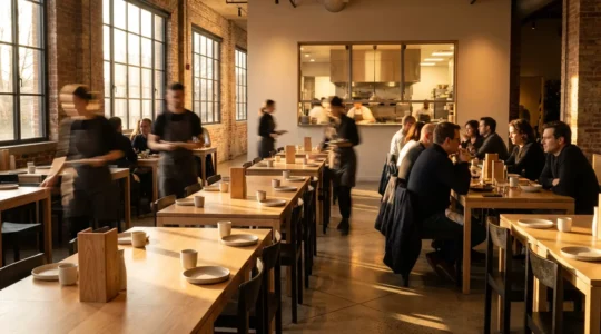 Restaurant moderne avec serveurs efficaces et organisation fluide du service en salle