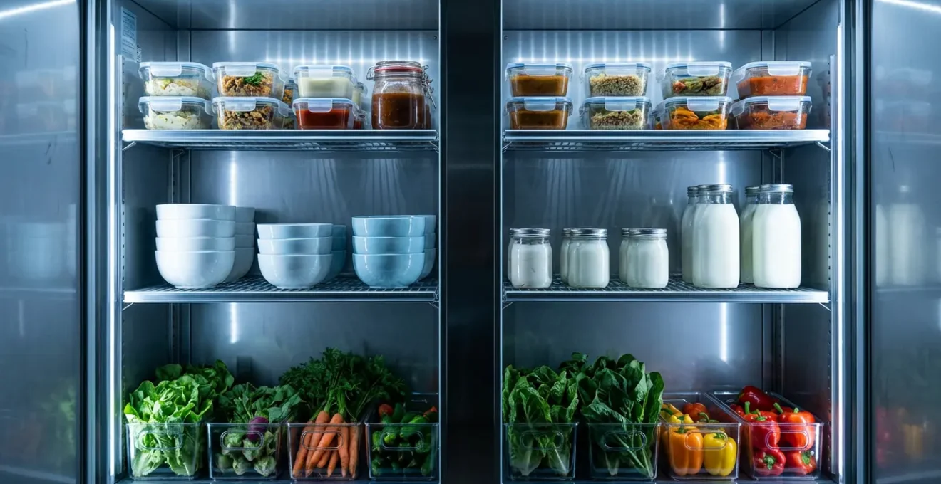 Vue intérieure d'une armoire réfrigérée professionnelle avec produits organisés par zones sur les étagères