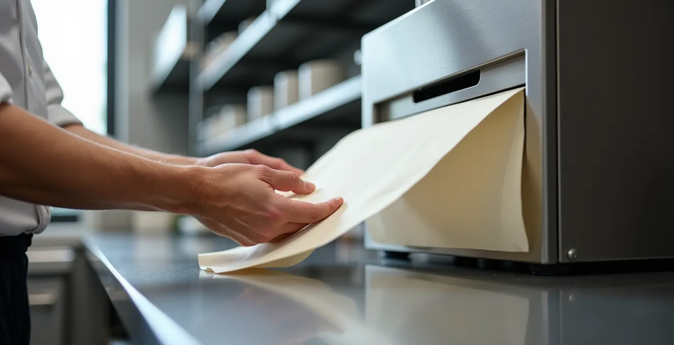 Poste de travail professionnel avec distributeur de feuilles pré-découpées et organisation optimisée