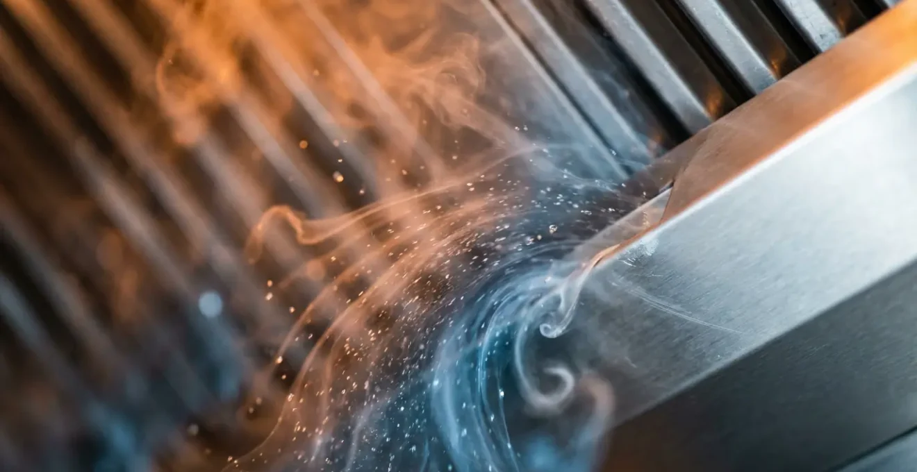 Vue macro du flux d'air et des particules de vapeur montrant la dispersion du panache thermique